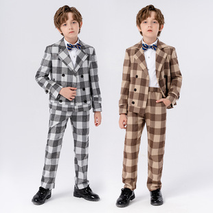 男童西装礼服秋款时尚韩版格子西服套装中小童帅气钢琴主持