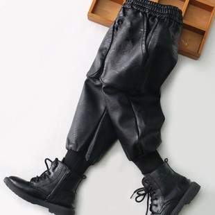 儿童皮裤宝宝男童秋冬一体加绒加厚中大童运动哈伦裤女童裤子外穿