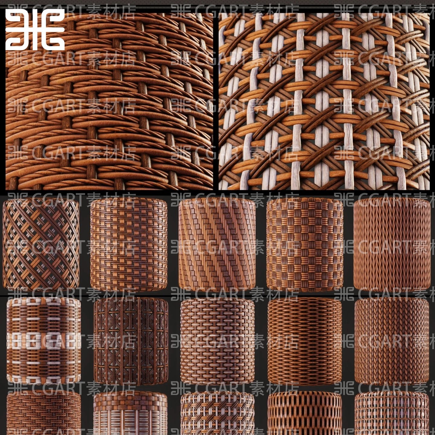 20种Substance Designer柳条编织竹筐竹编纹理贴图材质球sd藤编pt