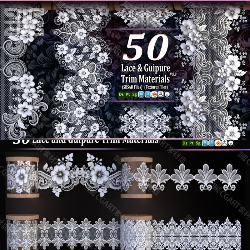 Substance Painter蕾丝花边材质球SP镂空网饰边装饰服装材质sbsar
