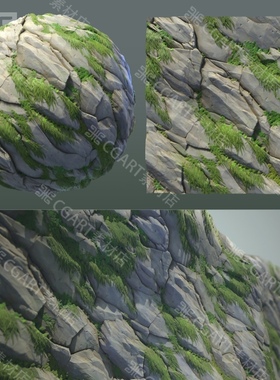 Substance Designer风格化岩石头山崖草丛纹理材质sd悬崖材质球