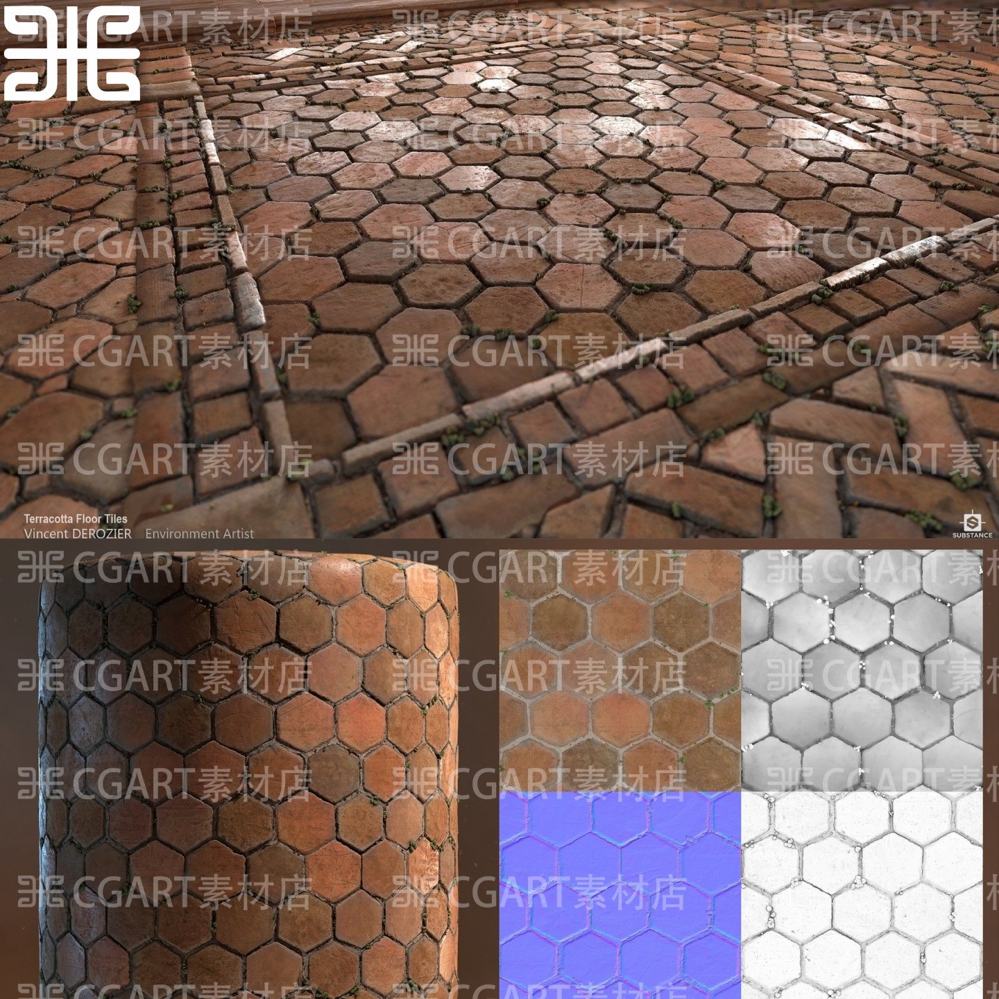 Substance Designer写实旧地板砖石砖红砖铺地砖纹理sd材质球sbs
