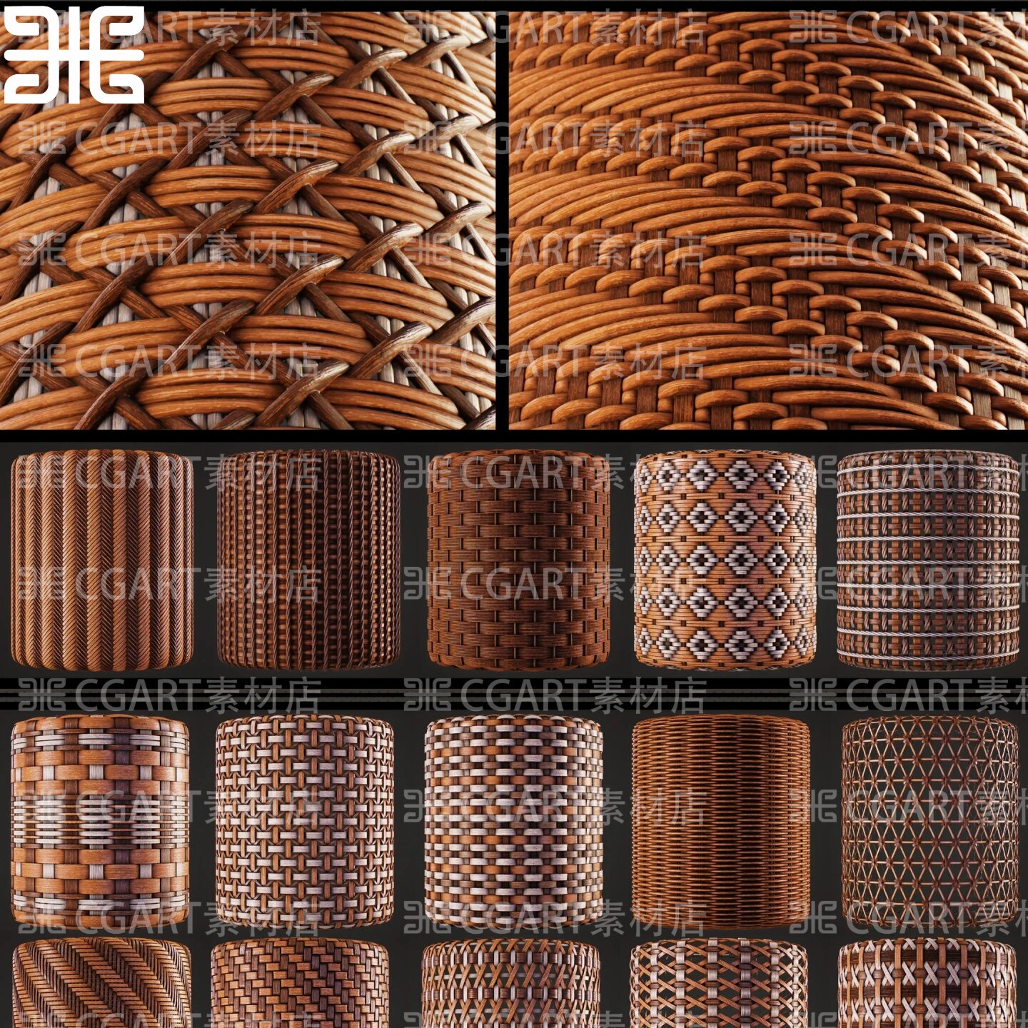 26种Substance Designer柳条编织竹筐竹编纹理贴图材质球sd藤编pt