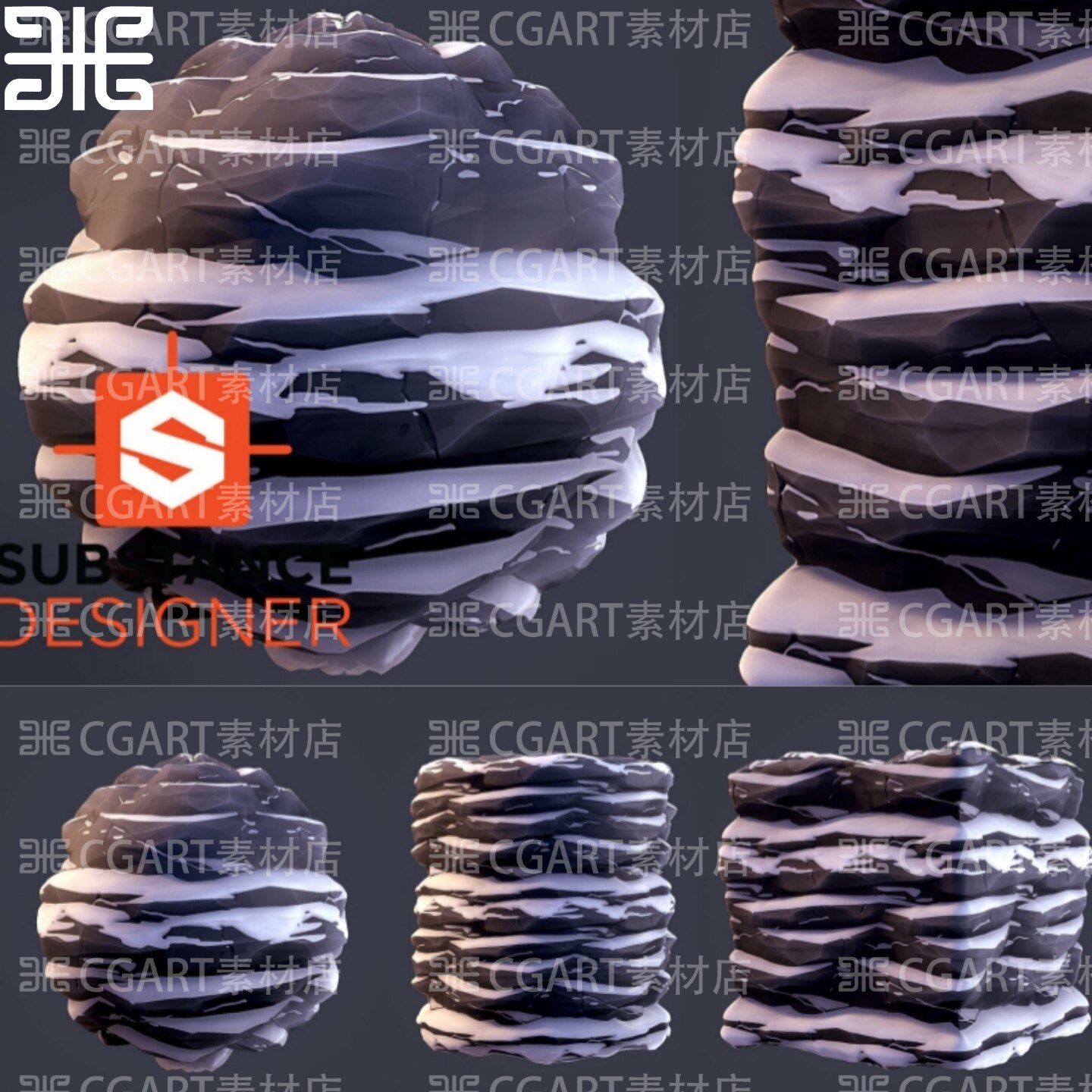 Substance Designer风格化白雪地悬崖岩石地形山体SD山崖材质球sp