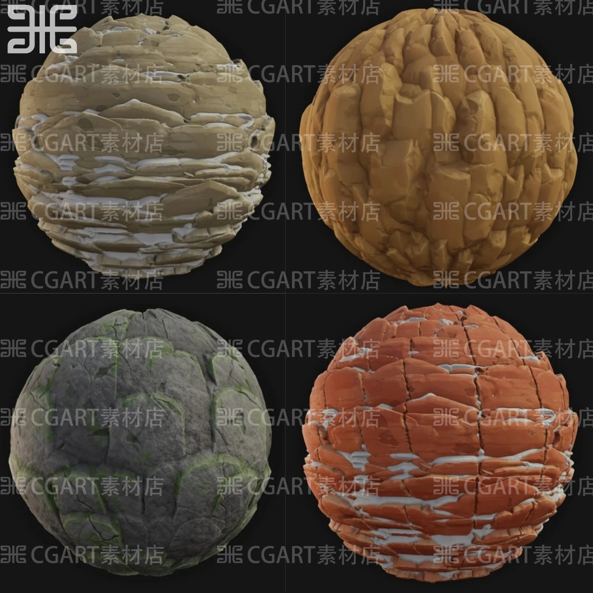 4种substance designer SD风格化岩石苔藓白雪悬崖纹理材质球SBS