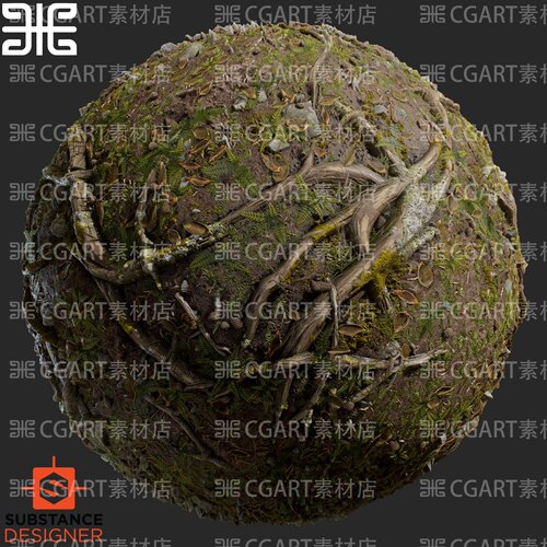 Substance Designer湿森林地面腐朽树根落叶小草蕨叶纹理sd材质球