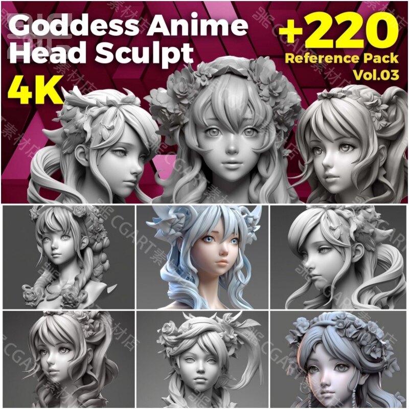 220张zbrush女性角色手办头像肖像雕刻参考图CG绘画建模素材图png