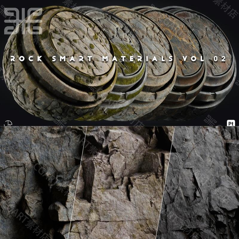 Substance Painter写实苔藓板岩石砂岩山崖纹理智能材质球sp材质