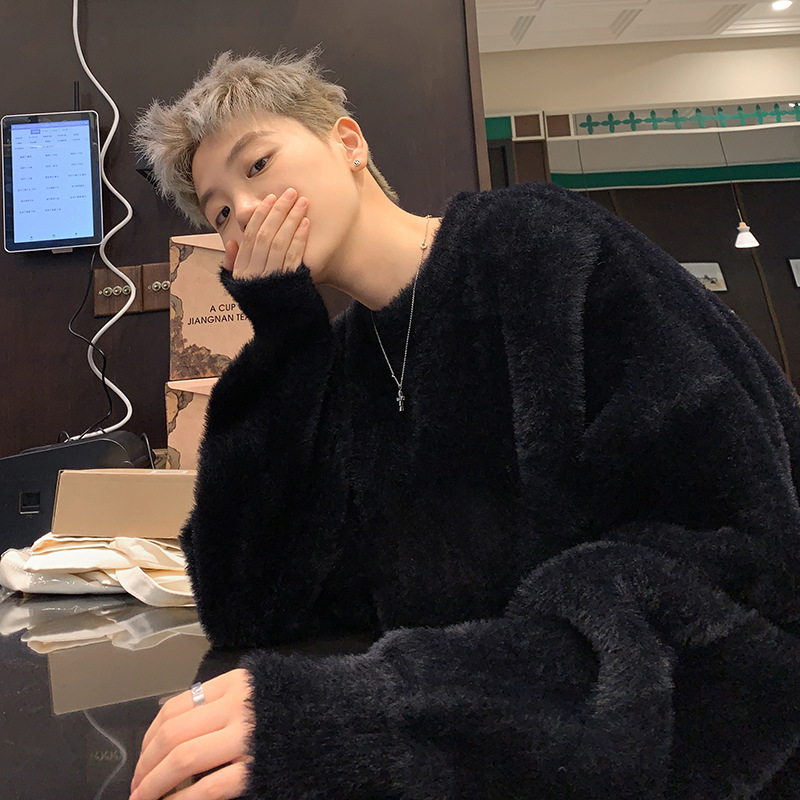 cleanfit海马毛毛衣慵懒高级感男秋冬款黑色针织衫内搭毛茸茸外套