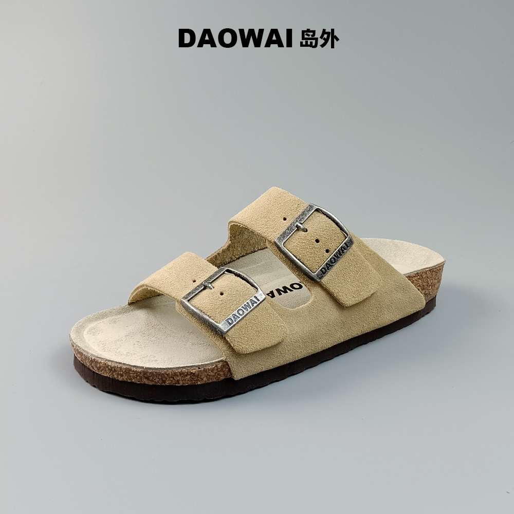 岛外DAOWAI勃肯鞋夏季一字带软木凉拖鞋两带真皮复古牛反绒博肯
