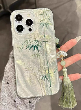 绿色竹子链条适用于苹果17Air手机壳16promax/15/iphone14pro13/12保护套xsmax女mini小众11全包7/8plus羽纱