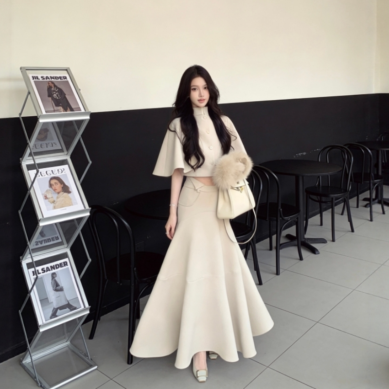 气质御姐风穿搭时尚显瘦百搭斗篷上衣女秋冬季休闲别致a字半身裙
