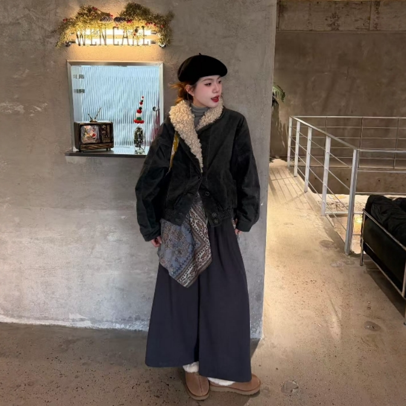 设计感廓形毛领宽松夹克棉服外套