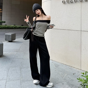 秋季气质搭配一整套条纹针织衫上衣绝美一字肩毛衣休闲长裤套装女
