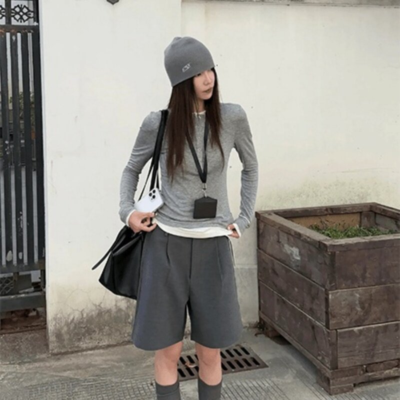 轻熟风打底衫假两件扣子上衣长袖T恤西装高腰休闲阔腿短裤套装女