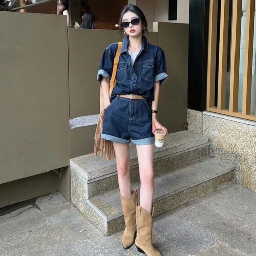 VKSOD港风牛仔宽松连衣短裤女女
