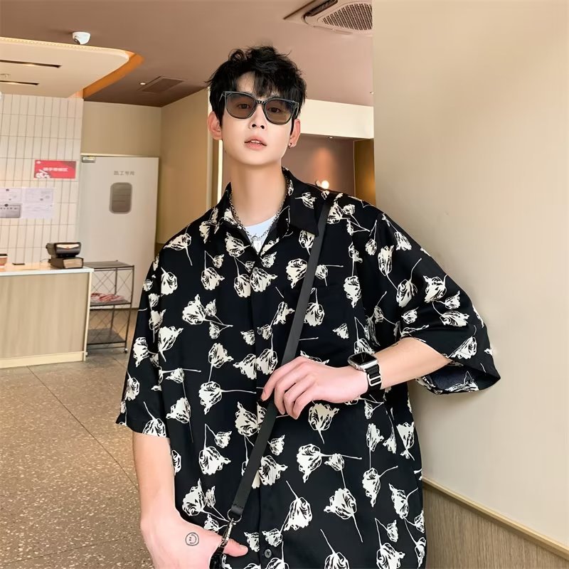 冰丝薄款花衬衫男夏季宽松休闲短袖衬衣潮牌潮流美式痞帅开衫H