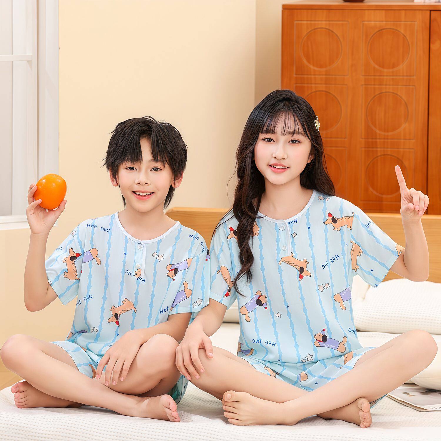 夏季儿童睡衣短袖短裤套装棉绸男童女童小孩子宝宝薄款透气家居服