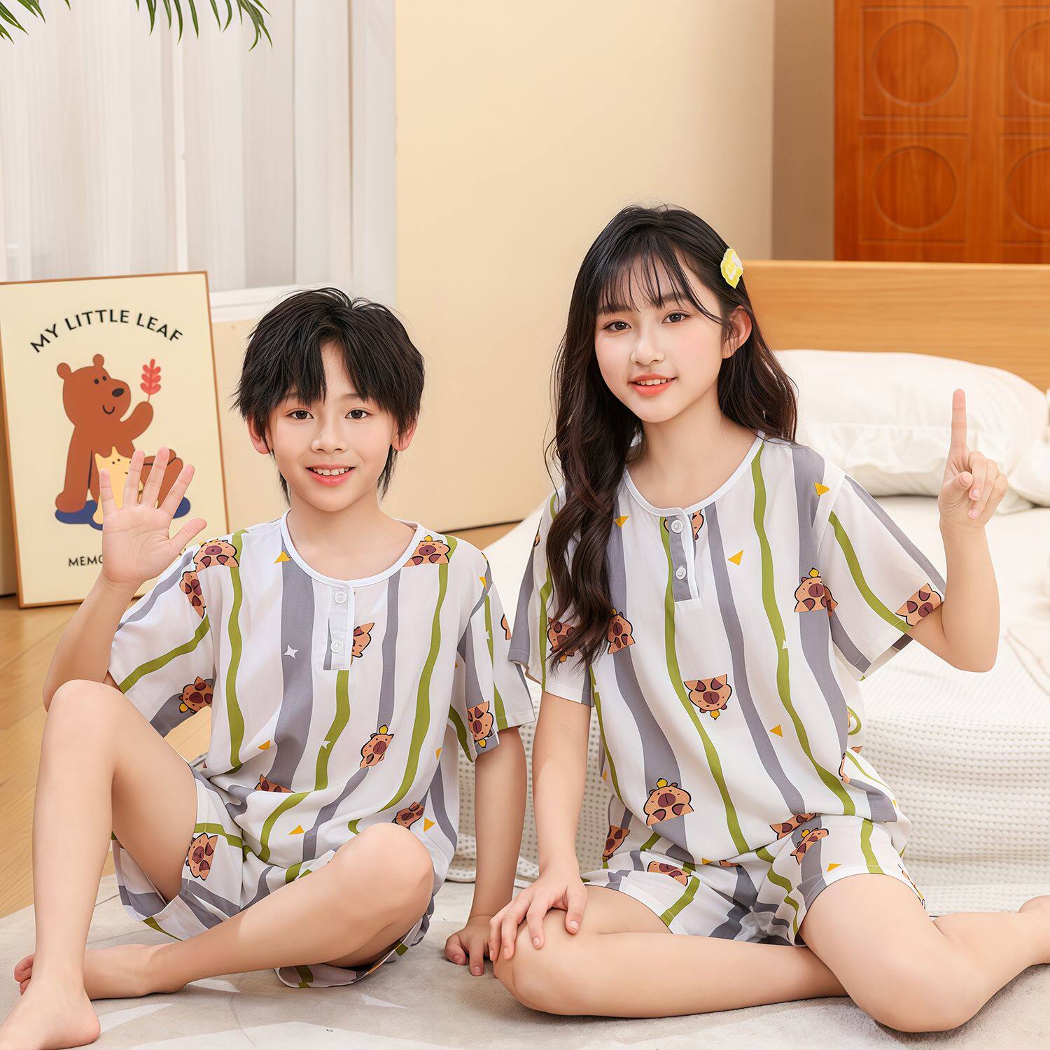 短袖短裤儿童棉绸睡衣套装家居服