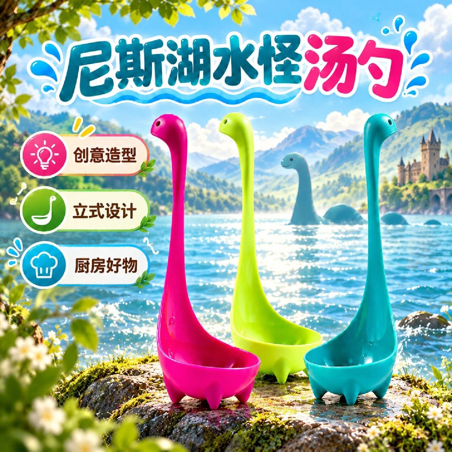 尼斯湖水怪汤勺创意家用长柄盛汤卡通可站立可挂墙食品级pp塑料勺