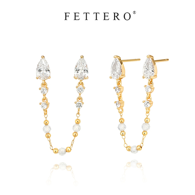 fettero 铜合金耳饰 【金色水滴白锆双耳洞耳钉】气质百搭长款