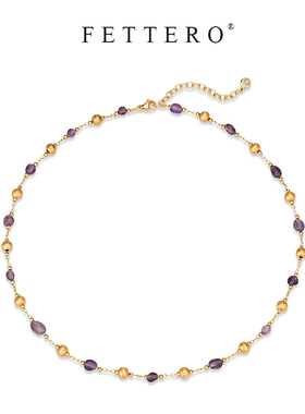 fettero 铜合金项链 【金色拉丝球随形紫色铜珠项链】气质百搭时