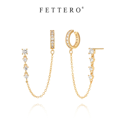 fettero 铜合金耳饰 【金色满镶耳夹链条耳钉】气质轻奢百搭小众
