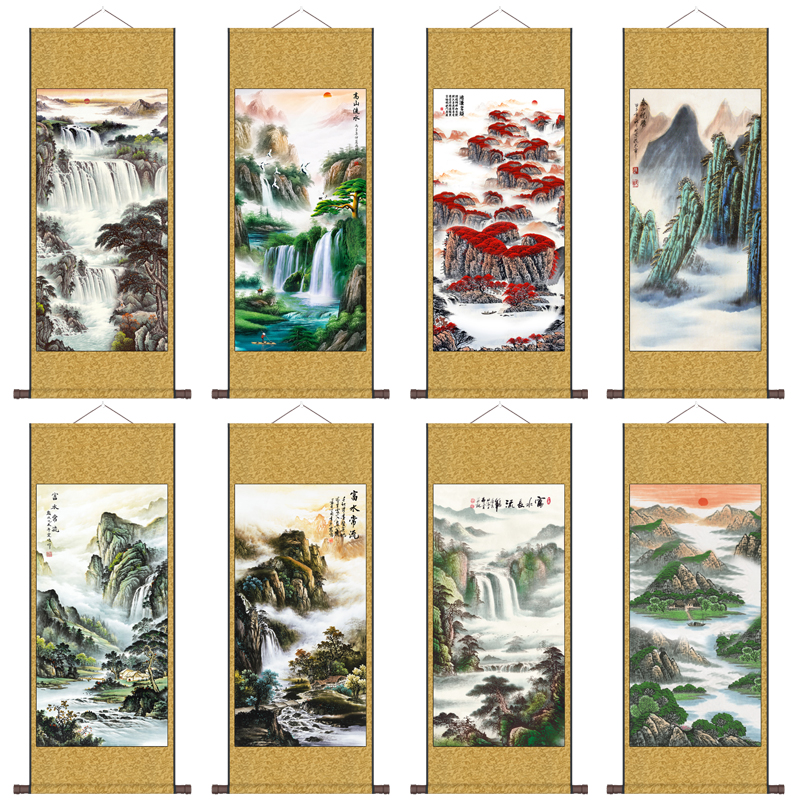 招财山水画鸿运当头挂画国画书房装饰画客厅挂画丝绸卷轴画酒店
