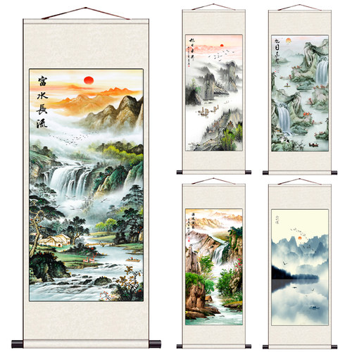 国画招财山水竖幅风水挂画富水长流客厅办公室装饰画丝绸卷轴字画