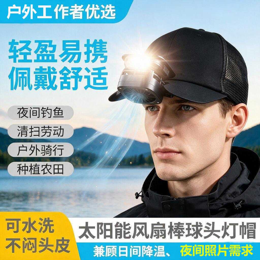 太阳能风扇帽子强光感应头灯便携充电数显户外夜钓鱼骑行灯
