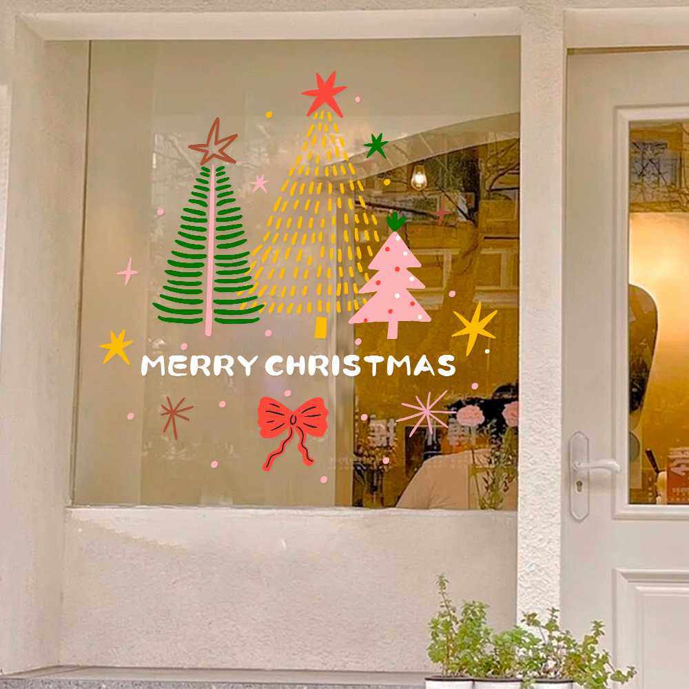 2026新年圣诞节装饰玻璃贴纸抽象圣诞树墙贴静电贴窗贴门贴窗花贴