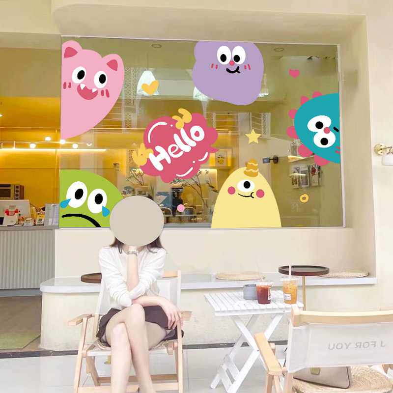 ins风网红店几何图形小怪兽插画贴纸店铺橱窗玻璃门贴静电装饰贴