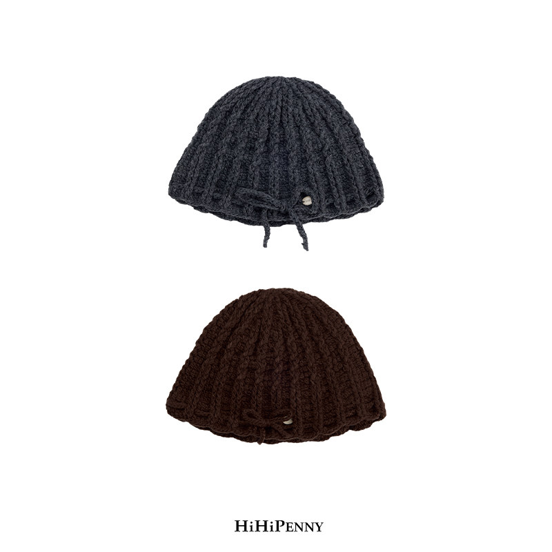 HiHipenny蝴蝶结针织盆帽秋冬粗线竖条纹钟形帽女