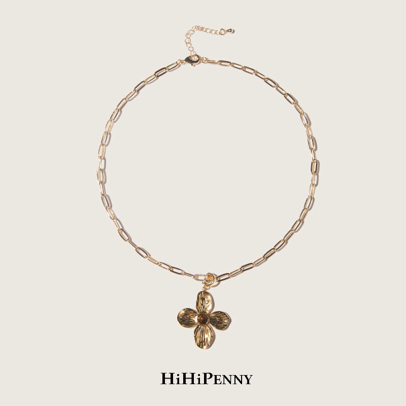 HiHipenny/温暖壁炉金色稻穗金属链四叶花镶嵌吊坠项链休闲毛衣链