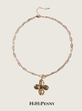 HiHipenny/温暖壁炉金色稻穗金属链四叶花镶嵌吊坠项链休闲毛衣链