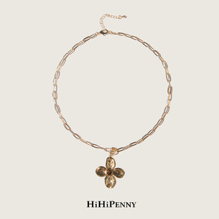 HiHipenny/温暖壁炉金色稻穗金属链四叶花镶嵌吊坠项链休闲毛衣链