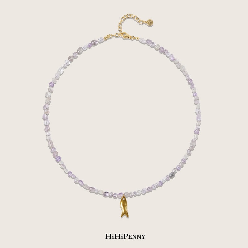 HiHipenny/天然石项链金色鱼形吊坠设计优雅简约百搭饰品