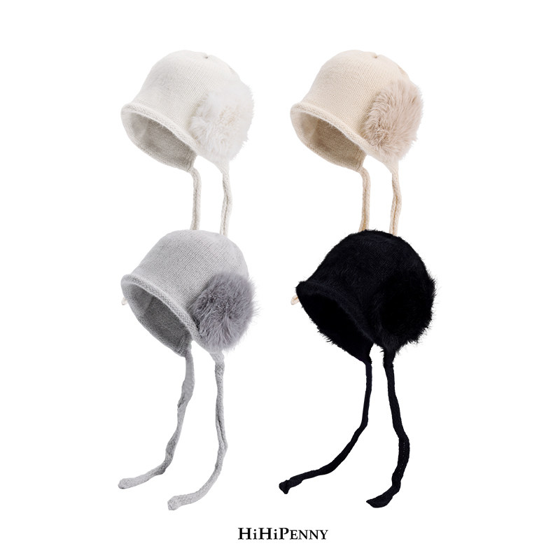 HiHipenny“雪国精灵”软糯双毛球护耳针织帽俏皮绑带