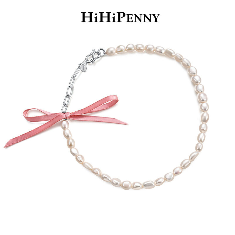 Hihipenny/rose系列淡水珍珠巴洛克珍珠三色芭蕾风蝴蝶结丝带项链