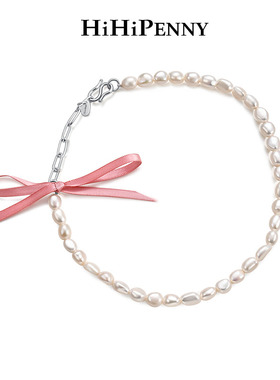 Hihipenny/rose系列淡水珍珠巴洛克珍珠三色芭蕾风蝴蝶结丝带项链