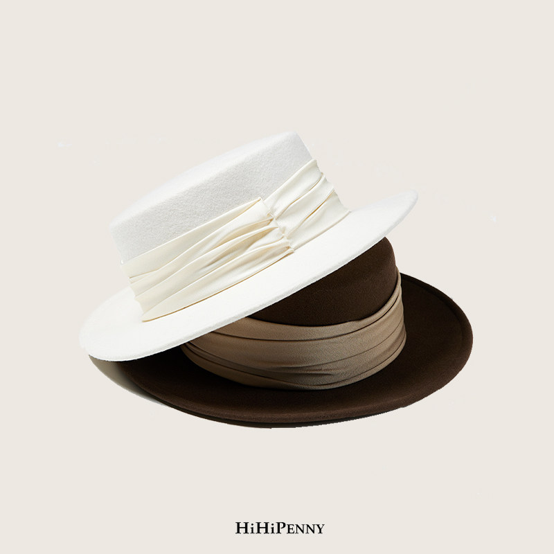 HiHipenny/法式秋冬平顶帽澳洲100%羊毛百搭帽子复古风英伦礼帽女