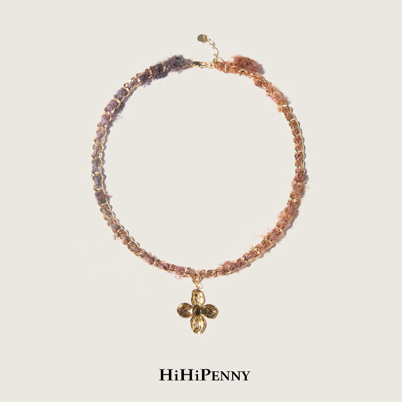 HiHipenny/温暖壁炉金属扁链条真丝纱线四叶花镶嵌吊坠项链毛衣链