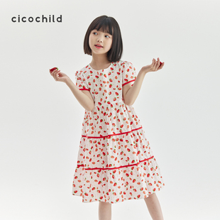 新品 cicochild25夏季 女童草莓印花碎花连衣裙中大童蛋糕裙公主裙