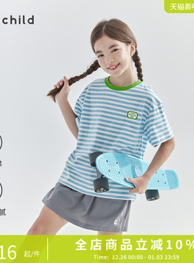 cicochild25年夏季新款中大女童蓝白条纹短袖精梳棉舒适T恤亲子款