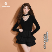 千金法式 挂脖连衣裙女春秋甜辣风蛋糕短裙晚宴年会生日小礼服