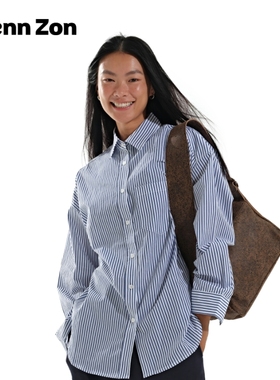 WZ纯棉蓝白细条纹衬衫女 纸感宽松廓形通勤修身正肩休闲慵懒都市
