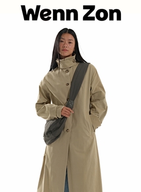 Wenn Zon精梳纯棉长风衣 微褶做旧纸感时尚简约静奢廓形磨毛修身