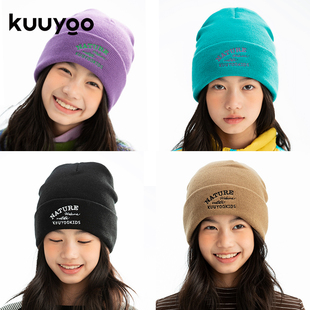 KUUYOO自然探索毛线帽冷帽冬季双层护耳保暖帽儿童字母绣花针织帽