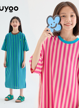 KUUYOO谷由儿童夏季条纹中大童连衣裙女童裙子亲子装小个子长裙秋