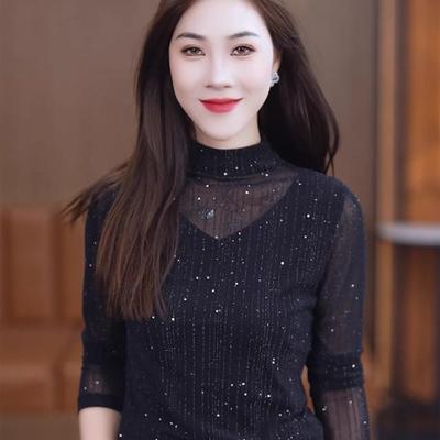 tach damas秋季纯色亮丝半高领网纱打底衫内搭时尚显瘦洋气上衣
